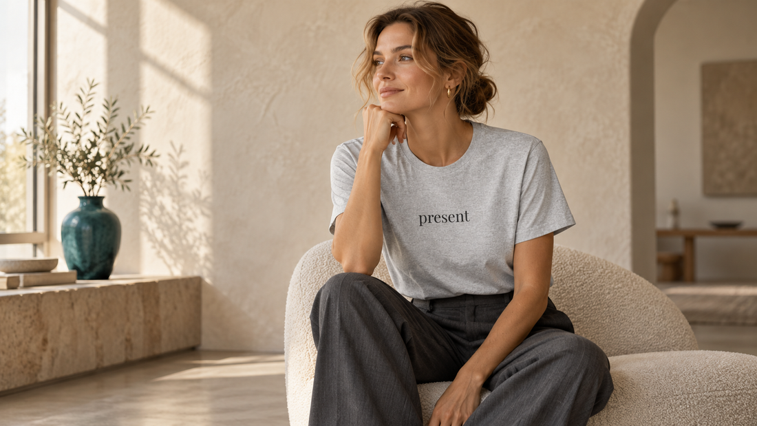 Editorial lifestyle image for 'Why One Word Can Feel More Personal Than a Loud Graphic: The Psychology of Minimal Statement Tees', styled in warm neutral Feliz Y Arte tones for fall / evergreen.