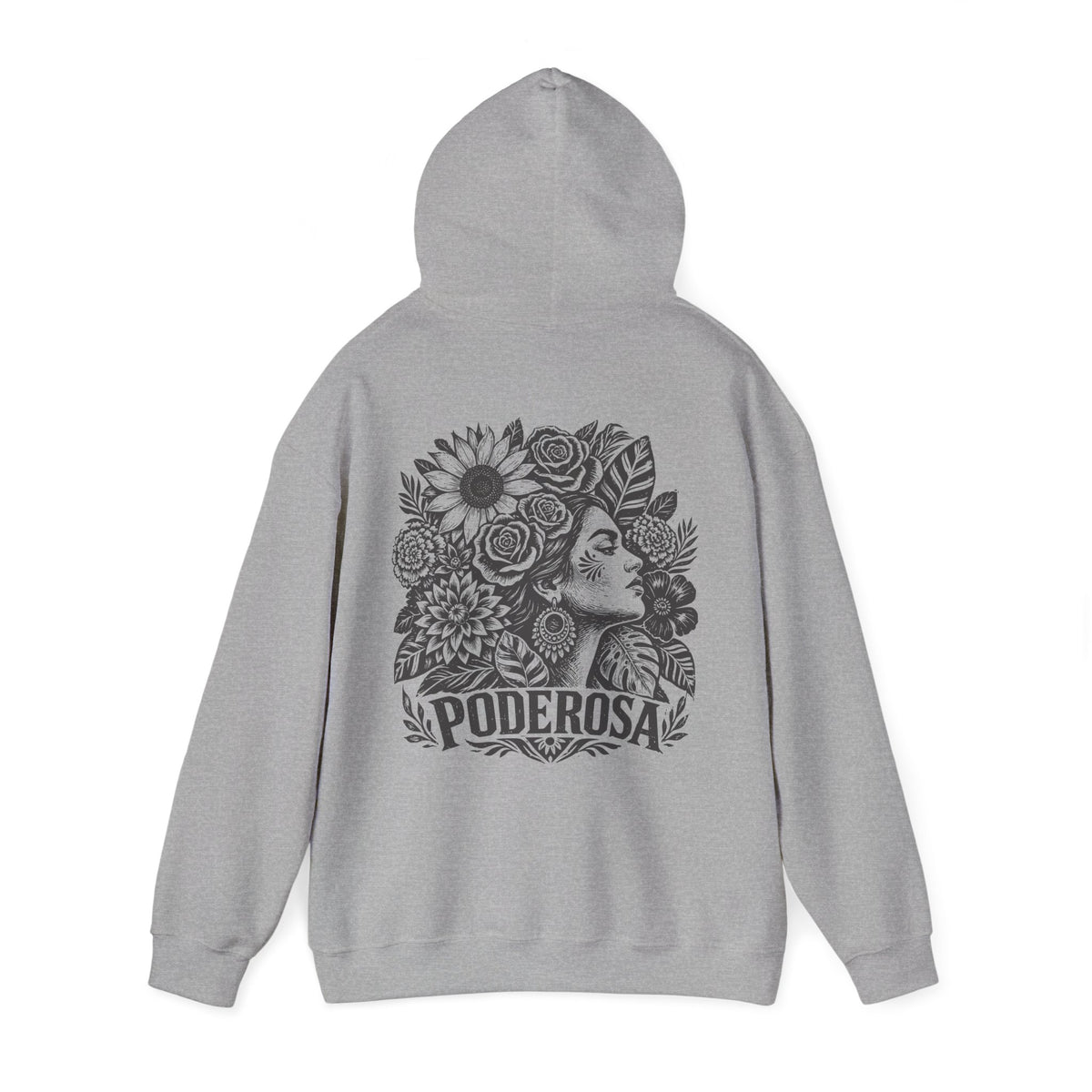 A gray pullover hoodie shown from the back, featuring a large black graphic print of a woman's profile surrounded by flowers and the word 'PODEROSA' printed below.