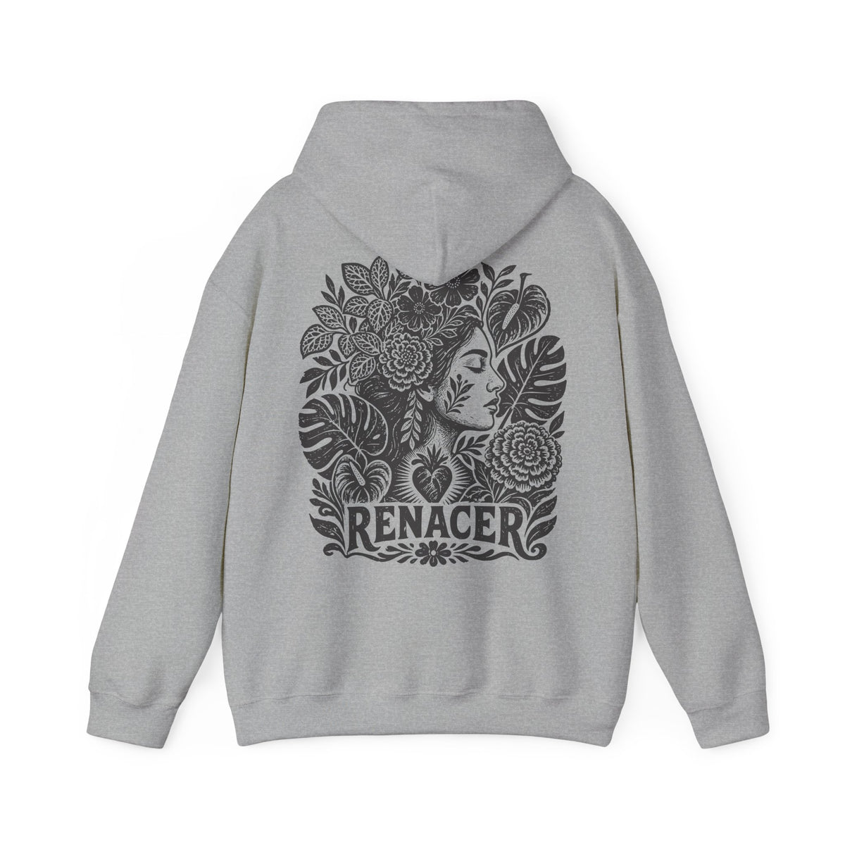A light gray pullover hoodie shown from the back, featuring a large black graphic print of a woman's face surrounded by tropical leaves and the word 'RENACER' at the bottom.