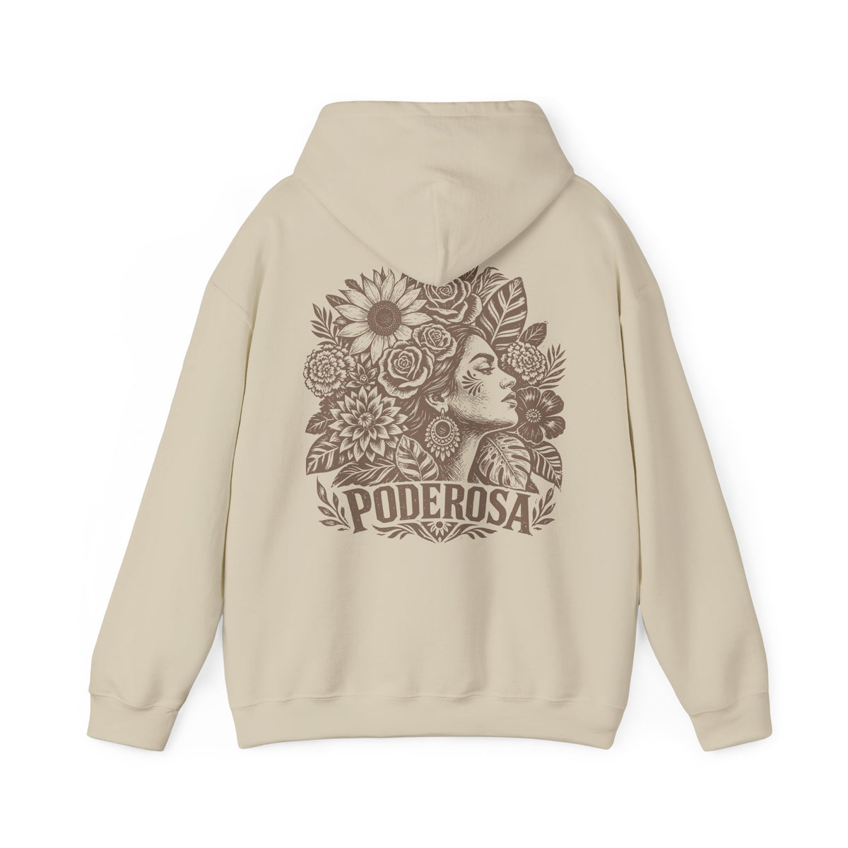 A beige pullover hoodie shown from the back, featuring a large brown graphic print of a woman's profile surrounded by flowers and the word 'PODEROSA' below it.