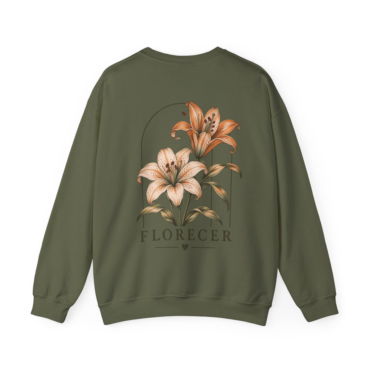 An olive green crewneck sweatshirt featuring a large graphic print of two lilies with the word 'FLORECER' printed below, displayed on a clean white background.