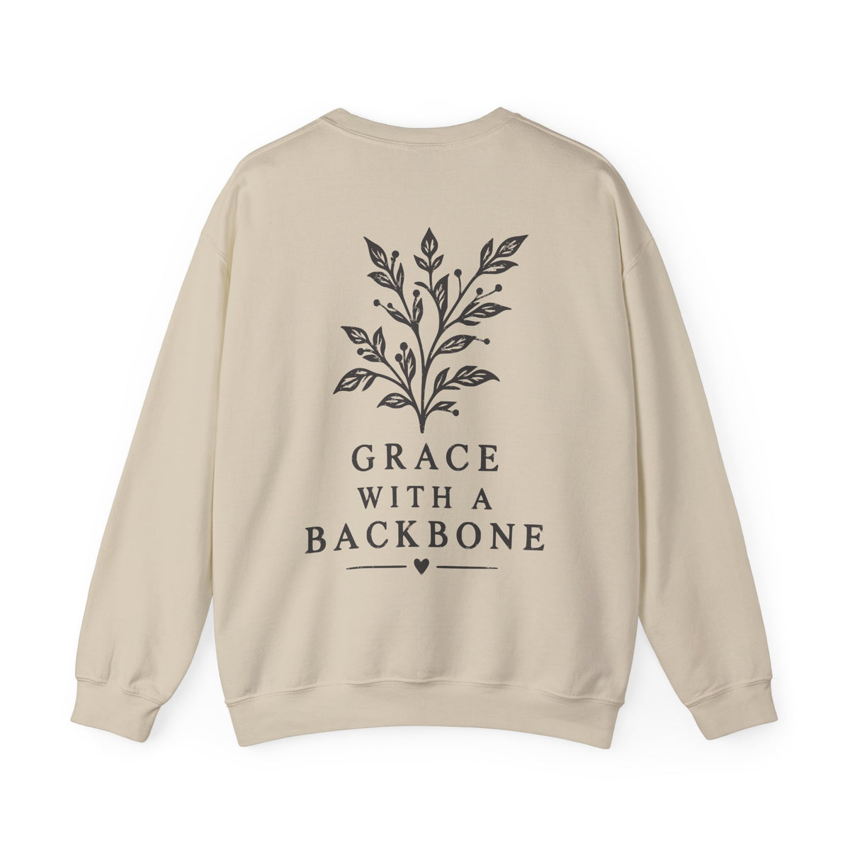 A beige crewneck sweatshirt with a black graphic of a leafy branch and the text 'GRACE WITH A BACKBONE' printed on the back, shown against a plain white background.
