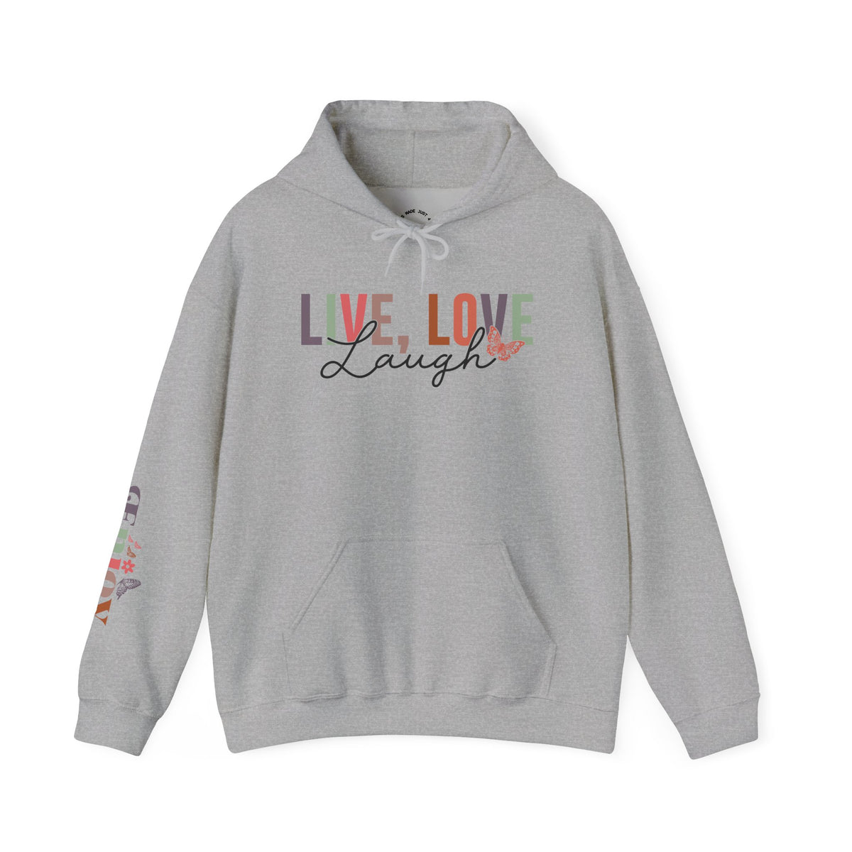 A light gray heather pullover hoodie with a colorful graphic on the chest reading 'LIVE, LOVE Laugh' and a small floral accent, plus a multicolor graphic on the right sleeve that reads 'ENJOY', shown on a plain white background.