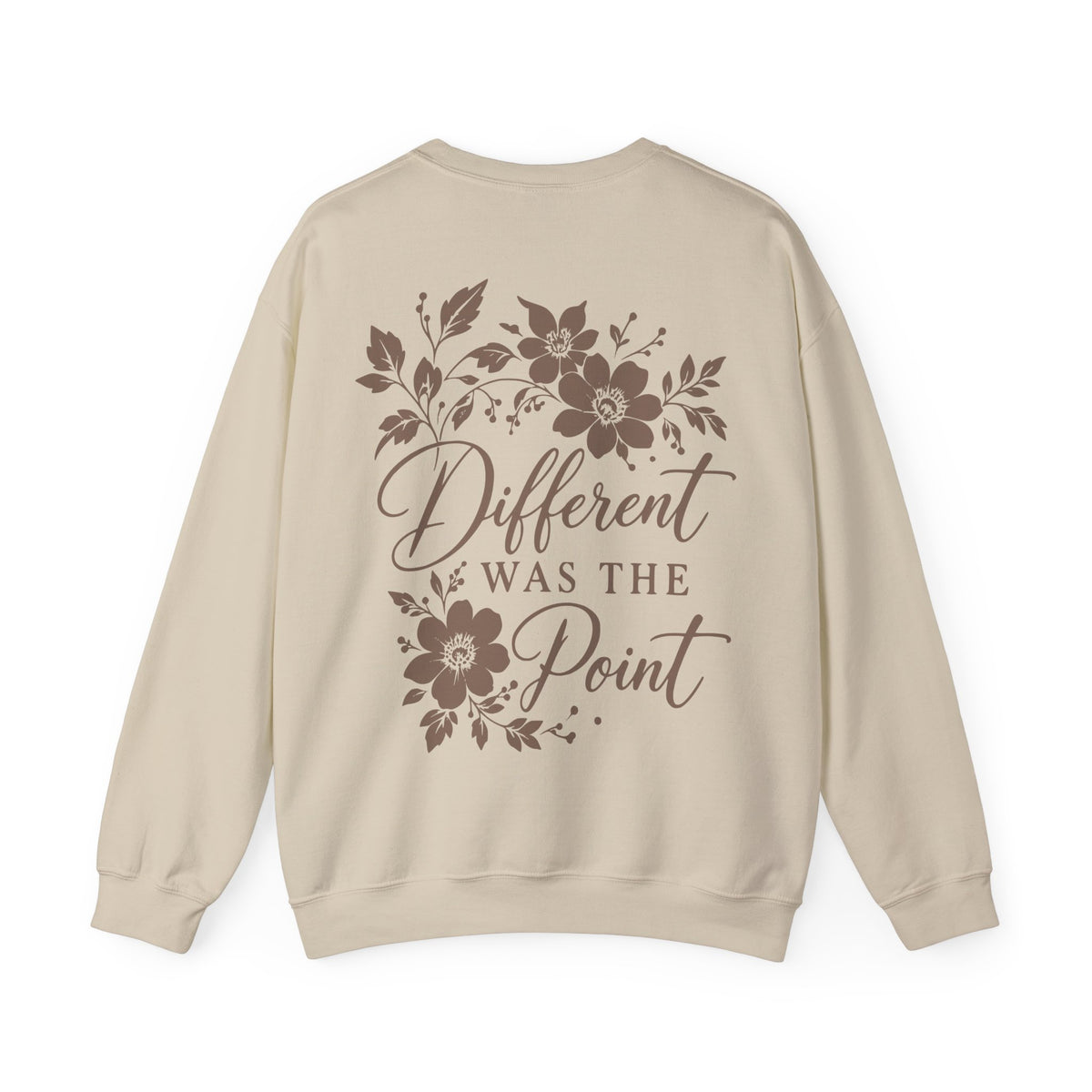 A beige crewneck sweatshirt shown from the back, featuring a brown graphic print with floral illustrations and the text 'Different was the Point'.