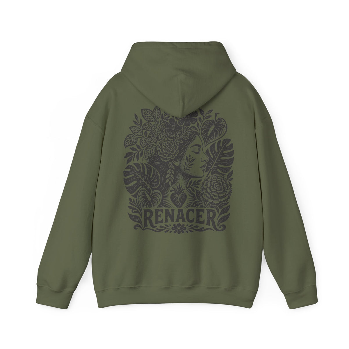 A military green pullover hoodie shown from the back, featuring a large black graphic print of a woman's face surrounded by tropical leaves and the word 'RENACER' at the bottom.