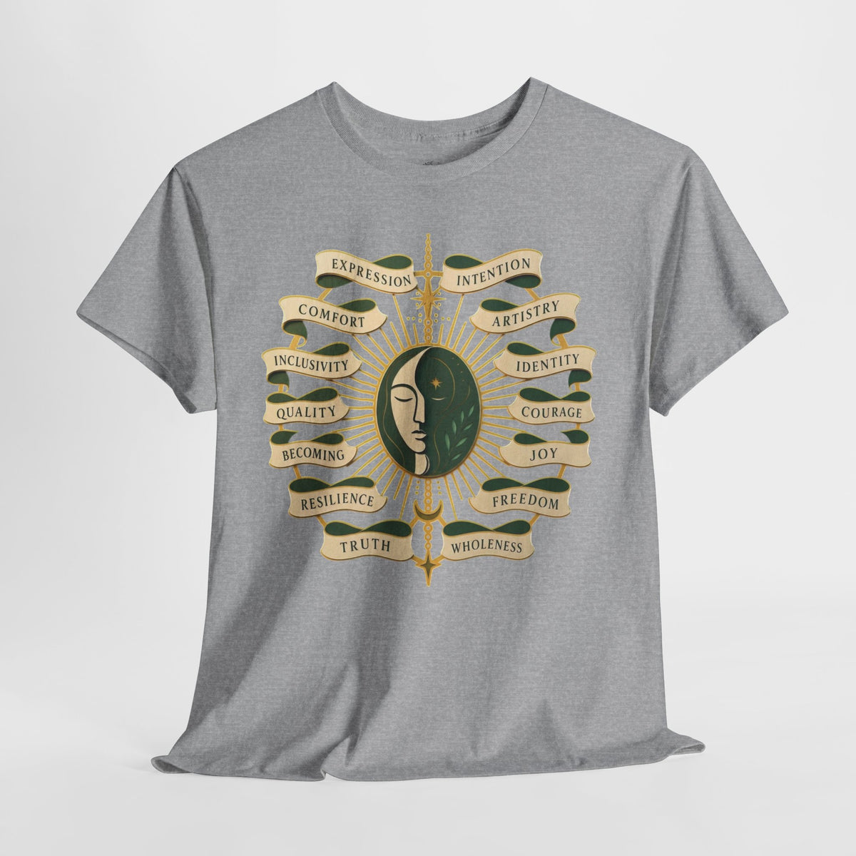 Personal Growth Graphic Tee: Celestial Face and Becoming Words