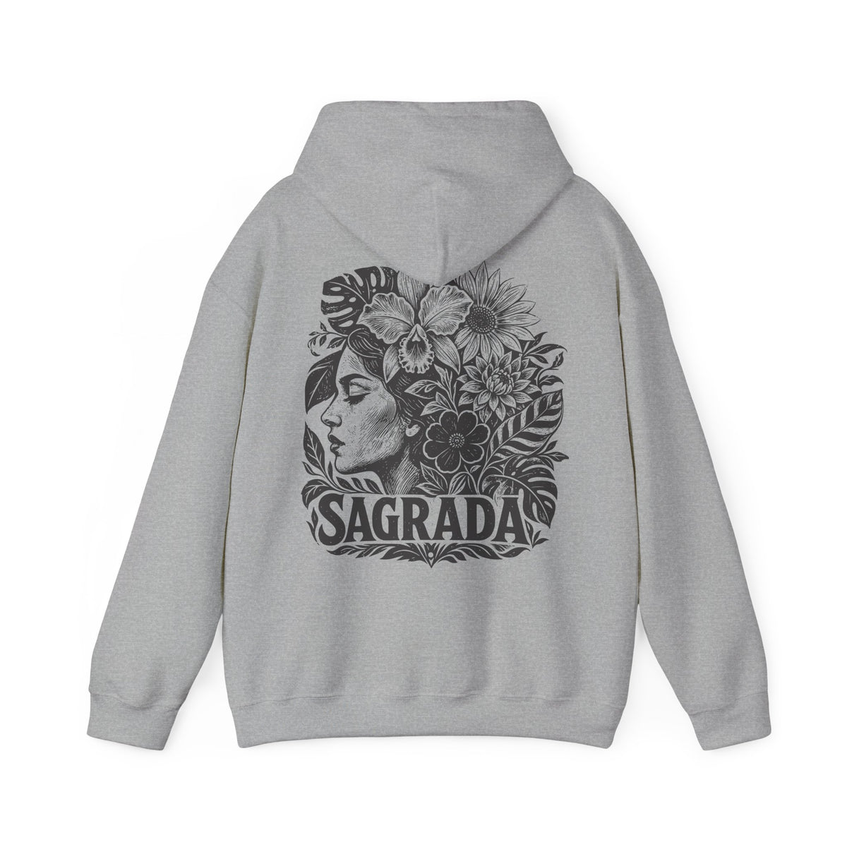 A light gray pullover hoodie shown from the back, featuring a large black graphic print of a woman's profile surrounded by flowers and the word 'SAGRADA' in stylized lettering.