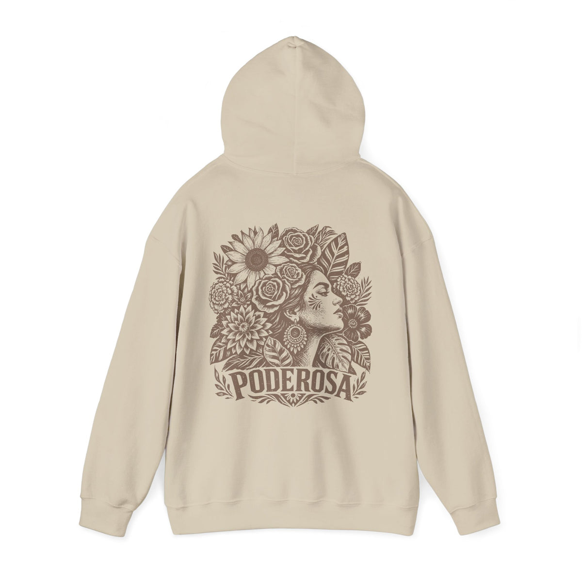 A beige pullover hoodie shown from the back, featuring a large brown graphic print of a woman's profile surrounded by flowers and the word 'PODEROSA' on the center back.