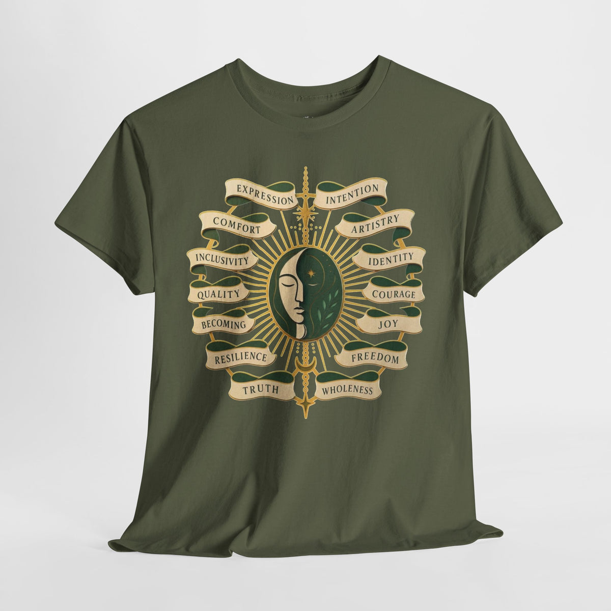 Personal Growth Graphic Tee: Celestial Face and Becoming Words