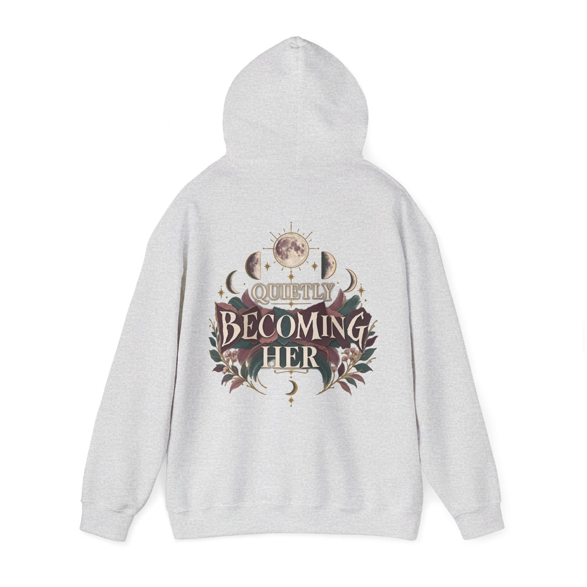 A light gray heather hoodie shown from the back, featuring a large graphic print with the text 'QUICKLY BECOMING HER' surrounded by celestial and floral illustrations.