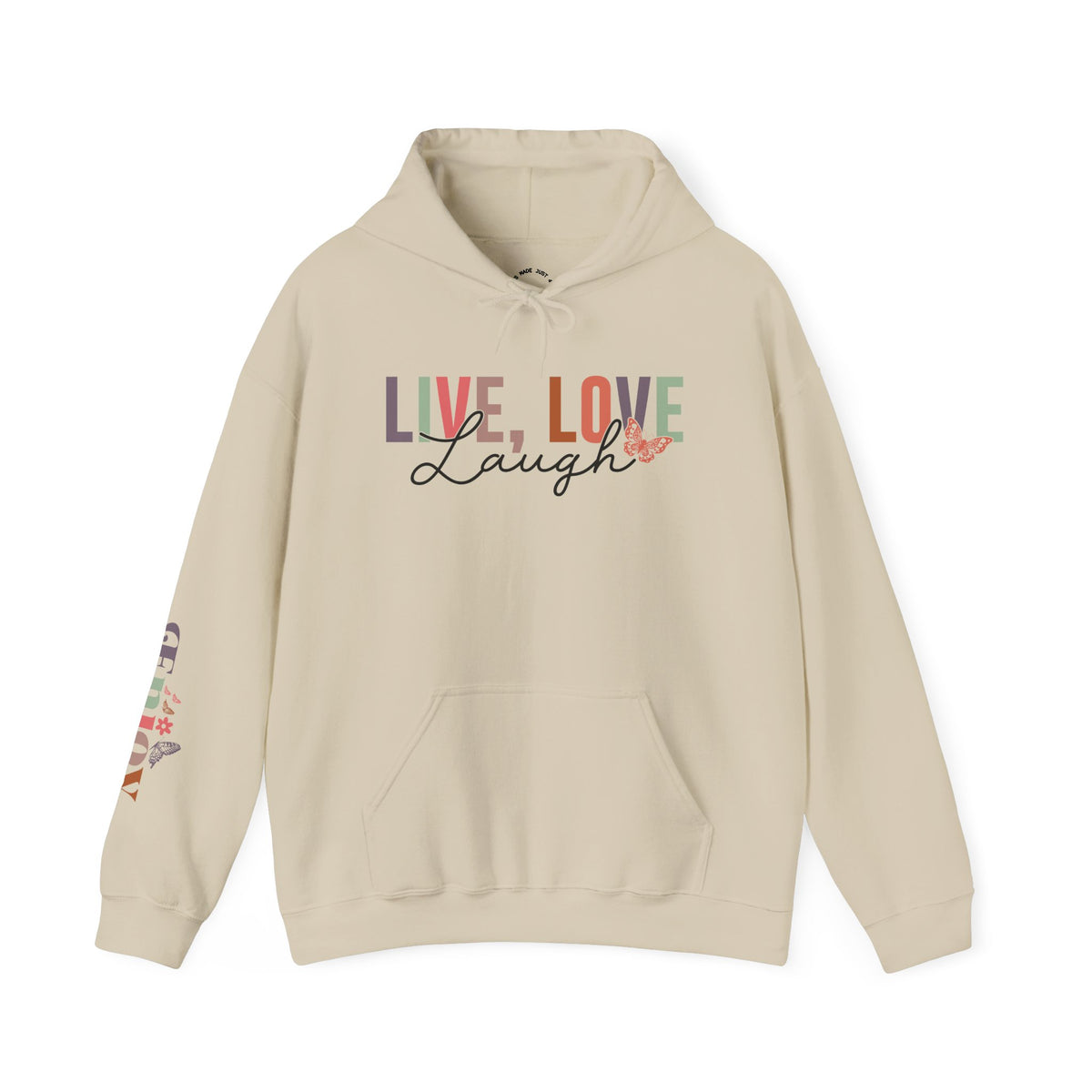 A beige pullover hoodie with a colorful graphic on the chest reading 'LIVE, LOVE Laugh' and a small floral accent, plus a multicolor graphic on the right sleeve that reads 'ENJOY', shown on a plain white background.
