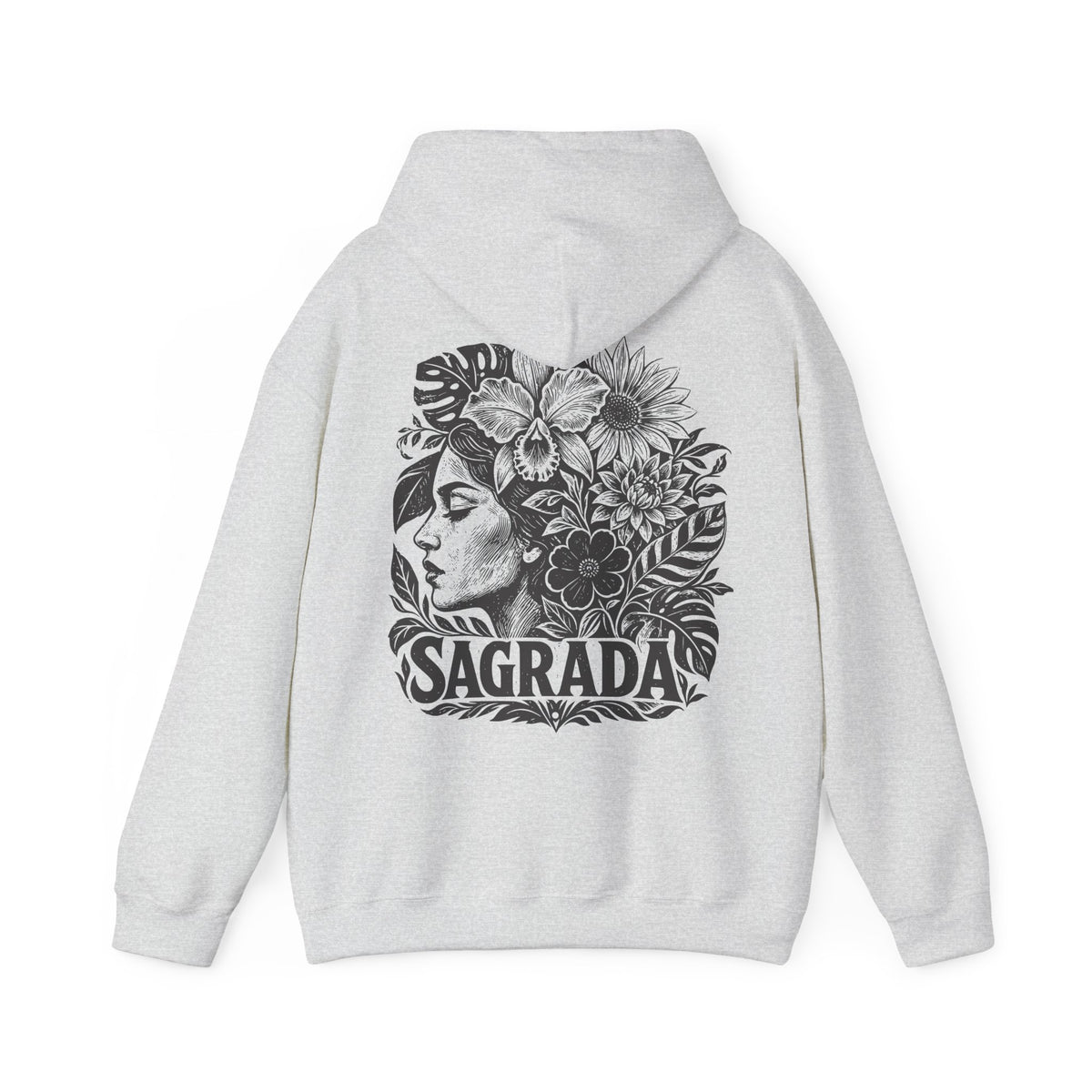 A light gray heather pullover hoodie shown from the back, featuring a large black graphic print of a woman's profile surrounded by flowers and the word 'SAGRADA'.