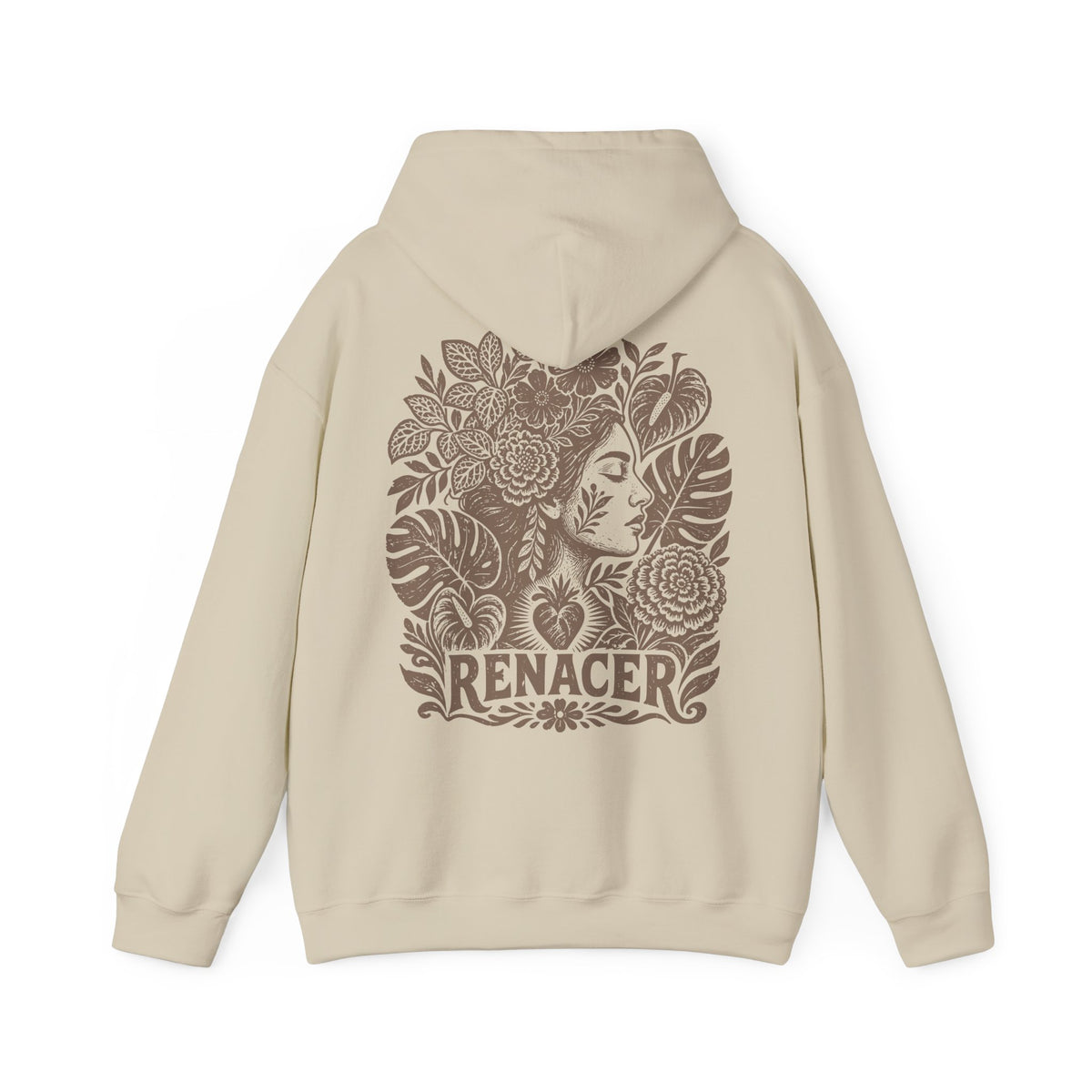 A beige hoodie shown from the back, featuring a large brown graphic print of a woman's face surrounded by tropical leaves and the word 'RENACER' printed below.