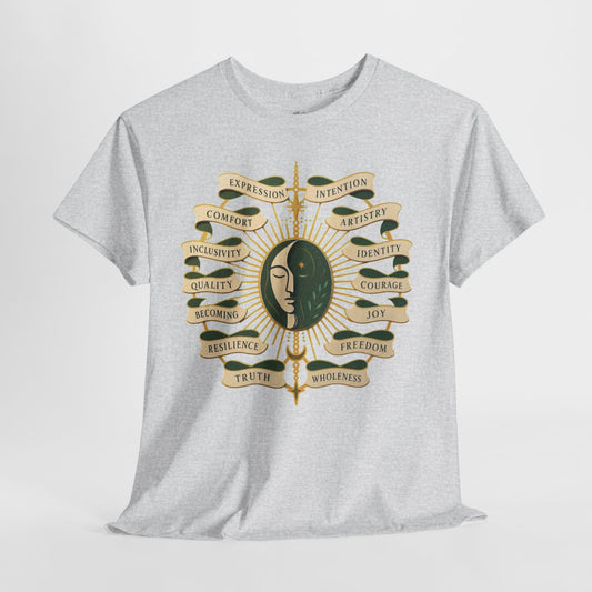 Personal Growth Graphic Tee: Celestial Face and Becoming Words