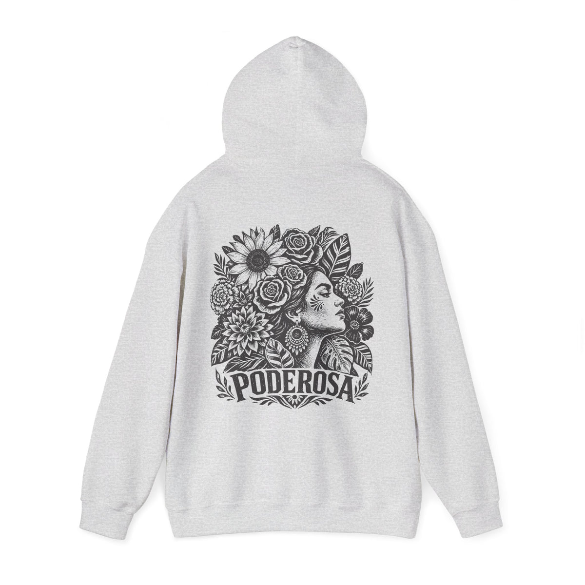 A light gray heather pullover hoodie shown from the back, featuring a large black graphic print of a woman's face surrounded by flowers and the word 'PODEROSA' printed below.