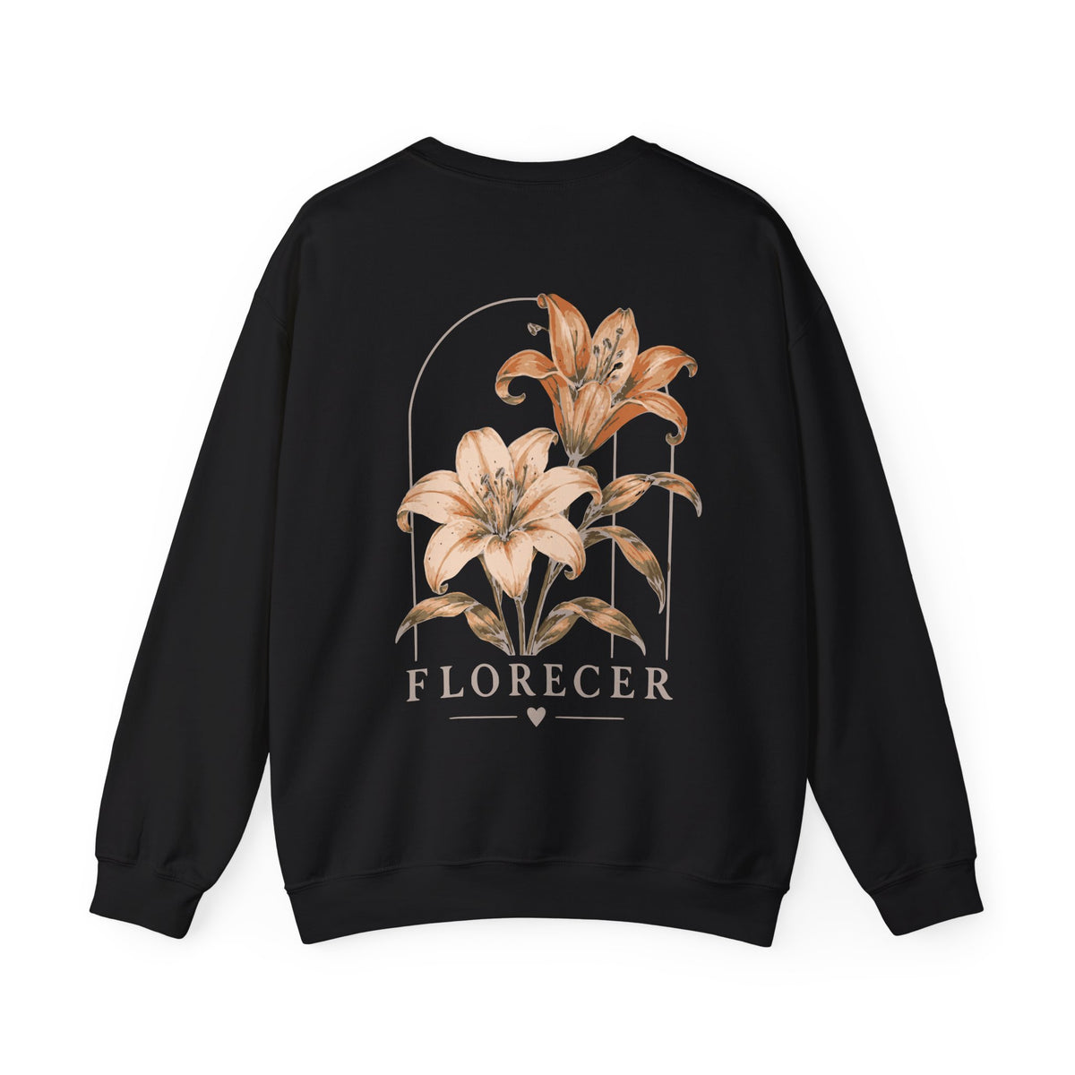 A black crewneck sweatshirt featuring a graphic print of two lilies with the word 'FLORECER' printed below in a serif font, displayed on a clean white background.