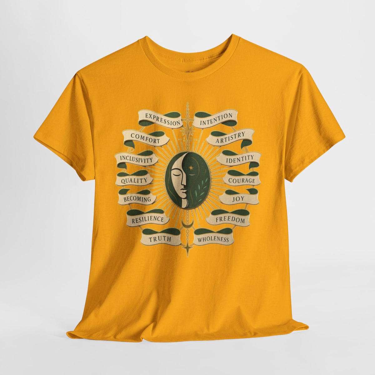 Personal Growth Graphic Tee: Celestial Face and Becoming Words