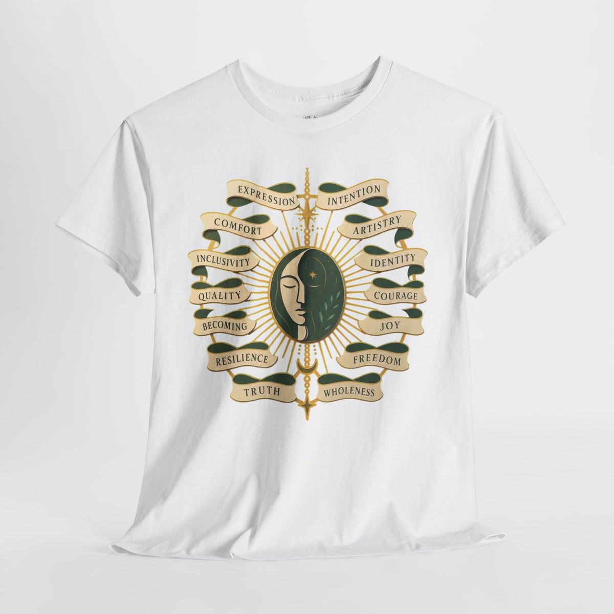 Personal Growth Graphic Tee: Celestial Face and Becoming Words