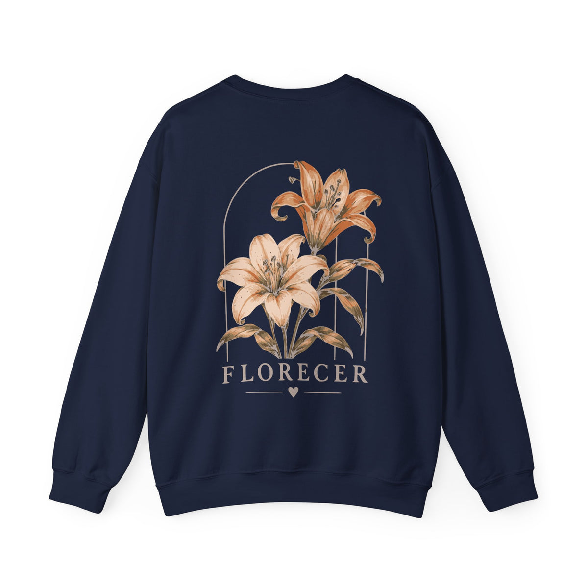 A navy blue crewneck sweatshirt featuring a large graphic print of two lilies with the word 'FLORECER' printed below, displayed on a clean white background.