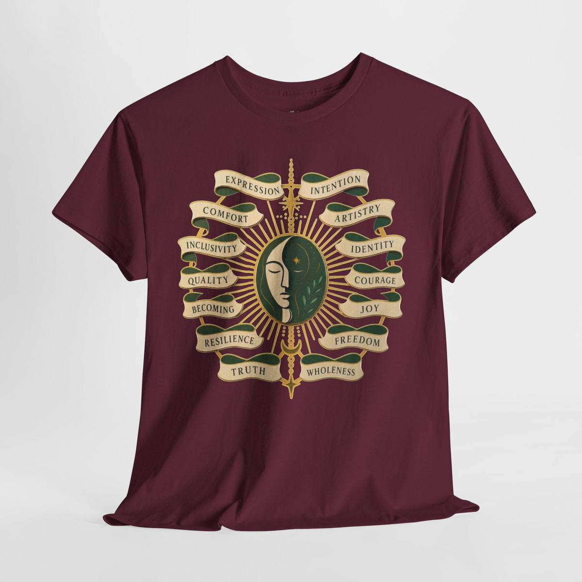 Personal Growth Graphic Tee: Celestial Face and Becoming Words