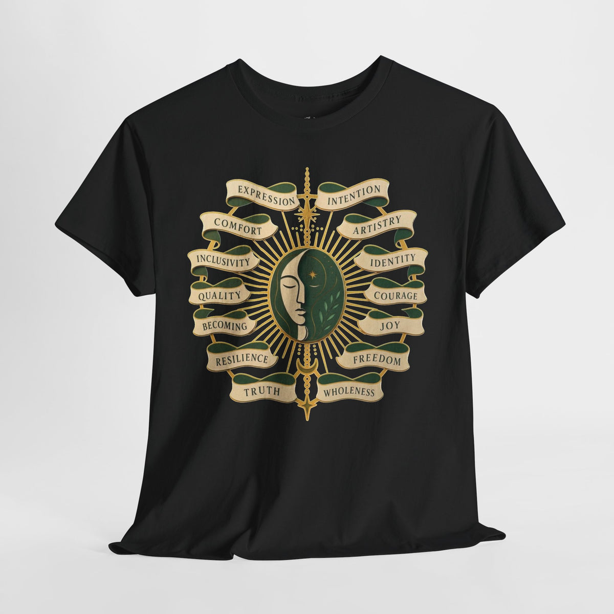 Personal Growth Graphic Tee: Celestial Face and Becoming Words
