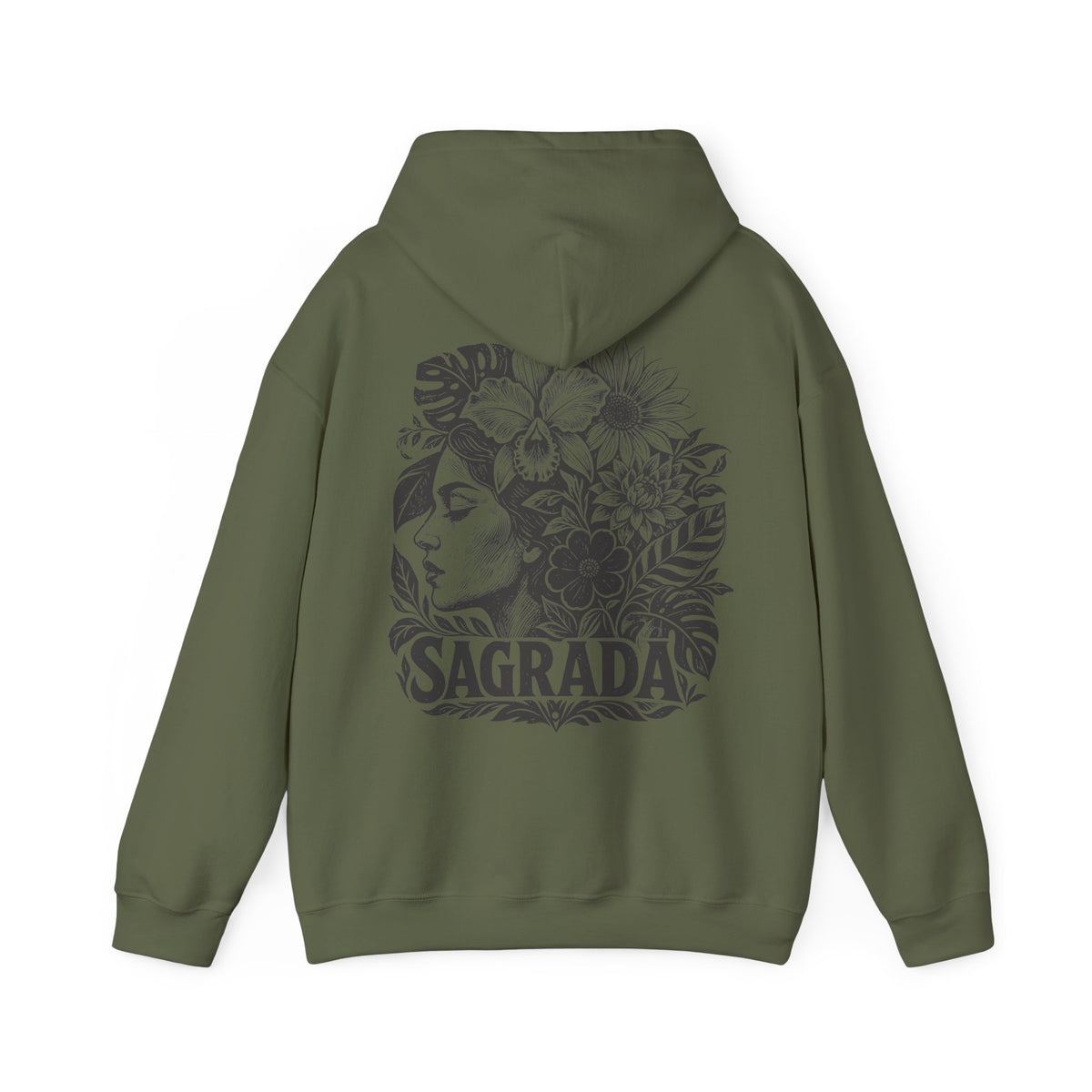 An olive green pullover hoodie shown from the back, featuring a dark gray graphic print of a woman's profile surrounded by flowers and the word 'SAGRADA'.