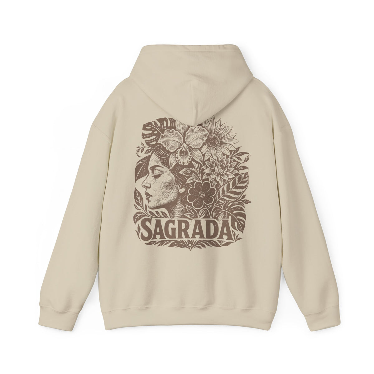 A beige pullover hoodie shown from the back, featuring a large brown graphic print of a woman's profile surrounded by flowers and the word 'SAGRADA'.