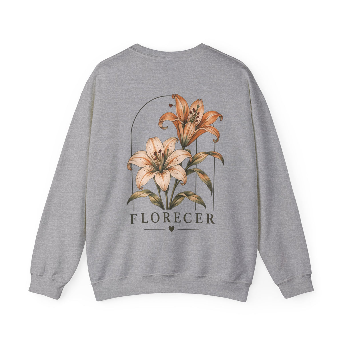 A heather gray crewneck sweatshirt shown from the back, featuring a graphic print of two lilies inside an arch, with the word 'FLORECER' printed below in a serif font.