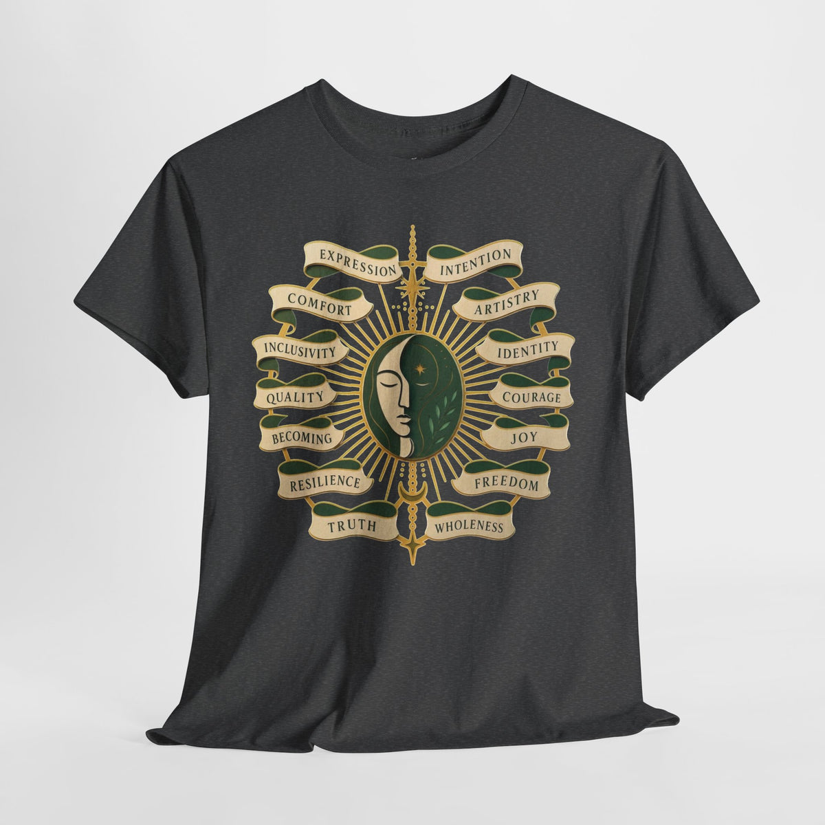 Personal Growth Graphic Tee: Celestial Face and Becoming Words