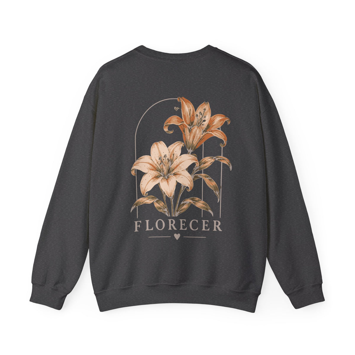 A dark charcoal gray crewneck sweatshirt shown from the back, featuring a graphic print of two lilies inside an arch with the word 'FLORECER' printed below.