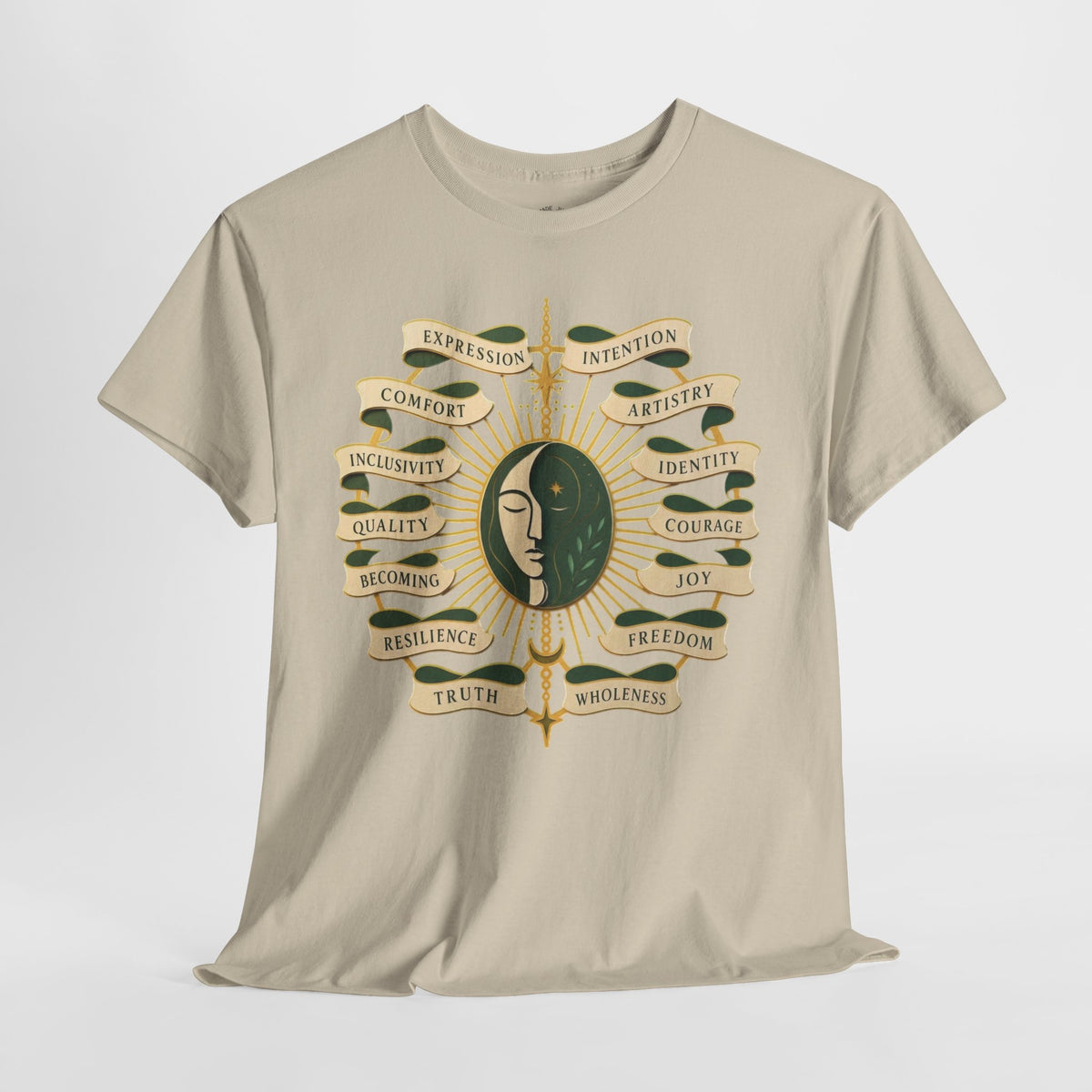 Personal Growth Graphic Tee: Celestial Face and Becoming Words