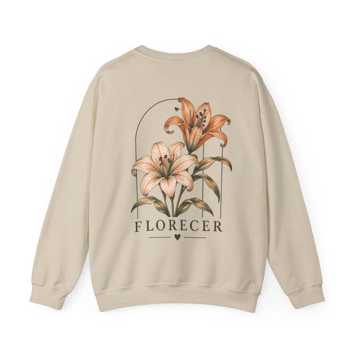 A beige crewneck sweatshirt shown from the back, featuring a graphic print of two  lilies inside an arch, with the word 'FLORECER' printed below in a serif font.