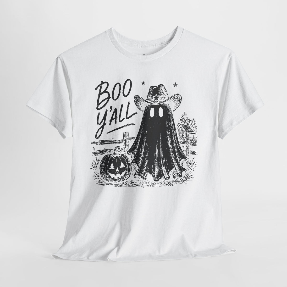 Boo Y'all Halloween T-Shirt: Western Ghost, 100% Cotton