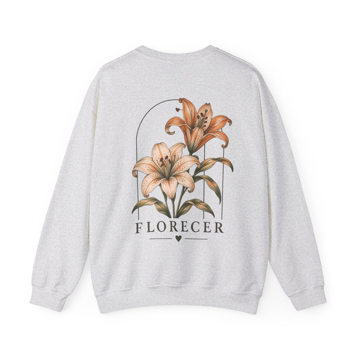 A light heather gray crewneck sweatshirt shown from the back, featuring a large graphic print of two lilies inside an arch with the word 'FLORECER' printed below.