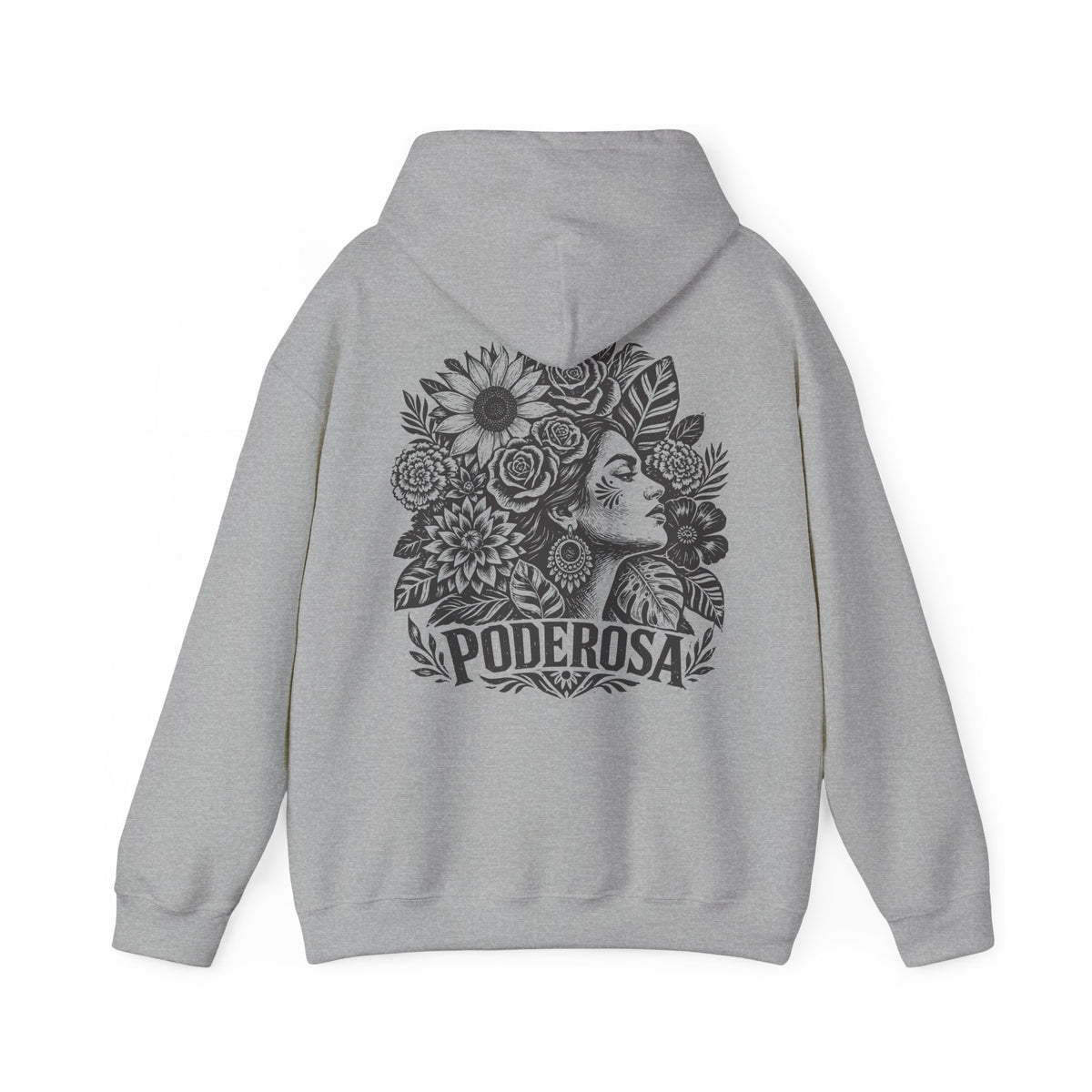 A gray heather pullover hoodie shown from the back, featuring a large black graphic print of a woman's profile surrounded by flowers and the word 'PODEROSA' below it.