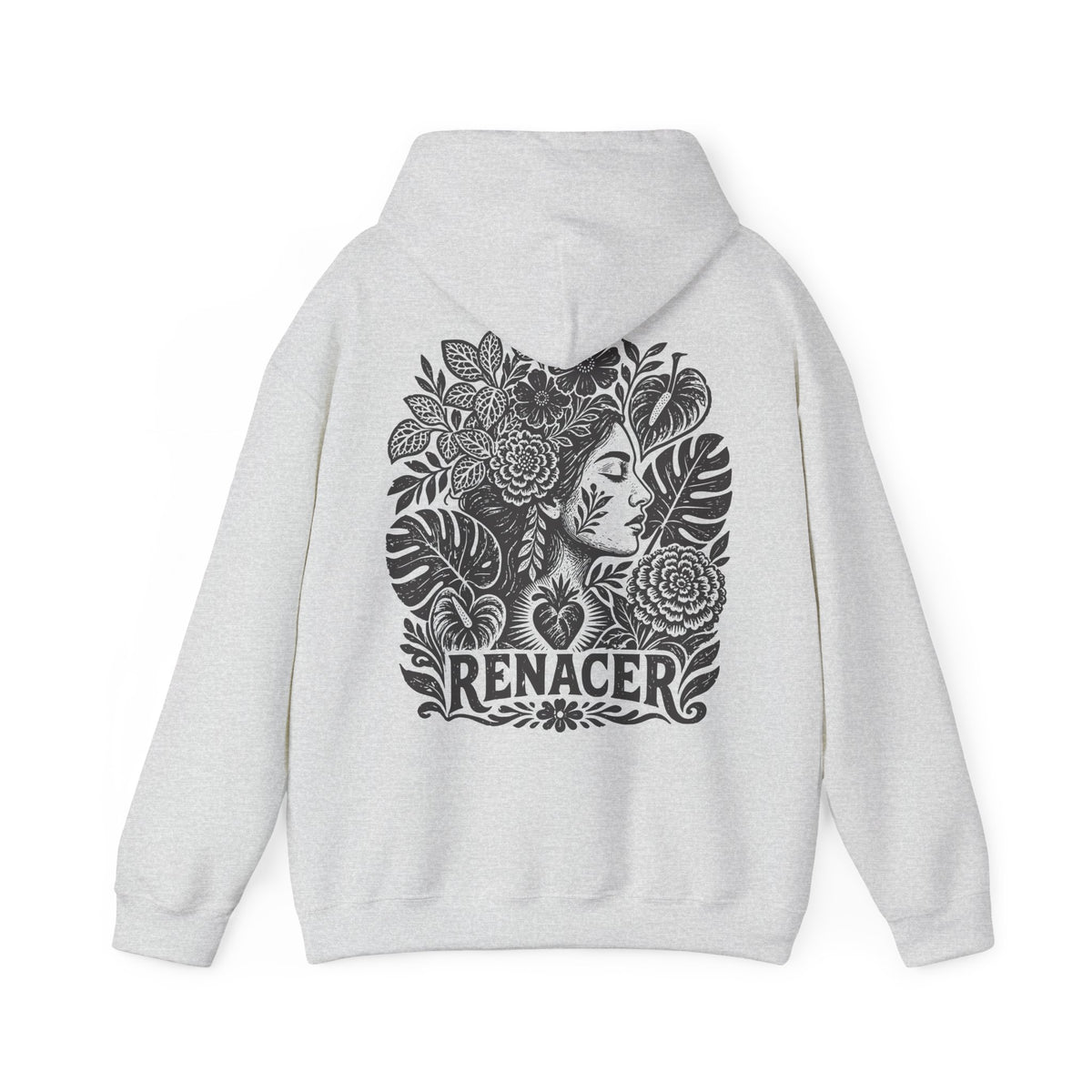 A light gray heather pullover hoodie shown from the back, featuring a large black graphic print of a woman's face surrounded by tropical leaves and the word 'RENACER' below.