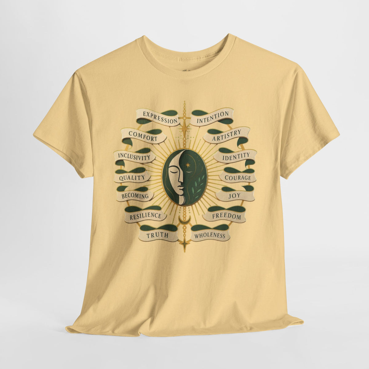 Personal Growth Graphic Tee: Celestial Face and Becoming Words