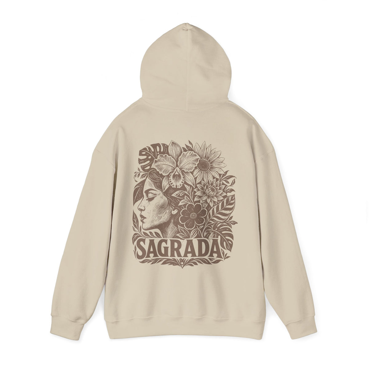 A beige hoodie shown from the back, featuring a large brown graphic print of a woman's profile surrounded by flowers and the word 'SAGRADA'.