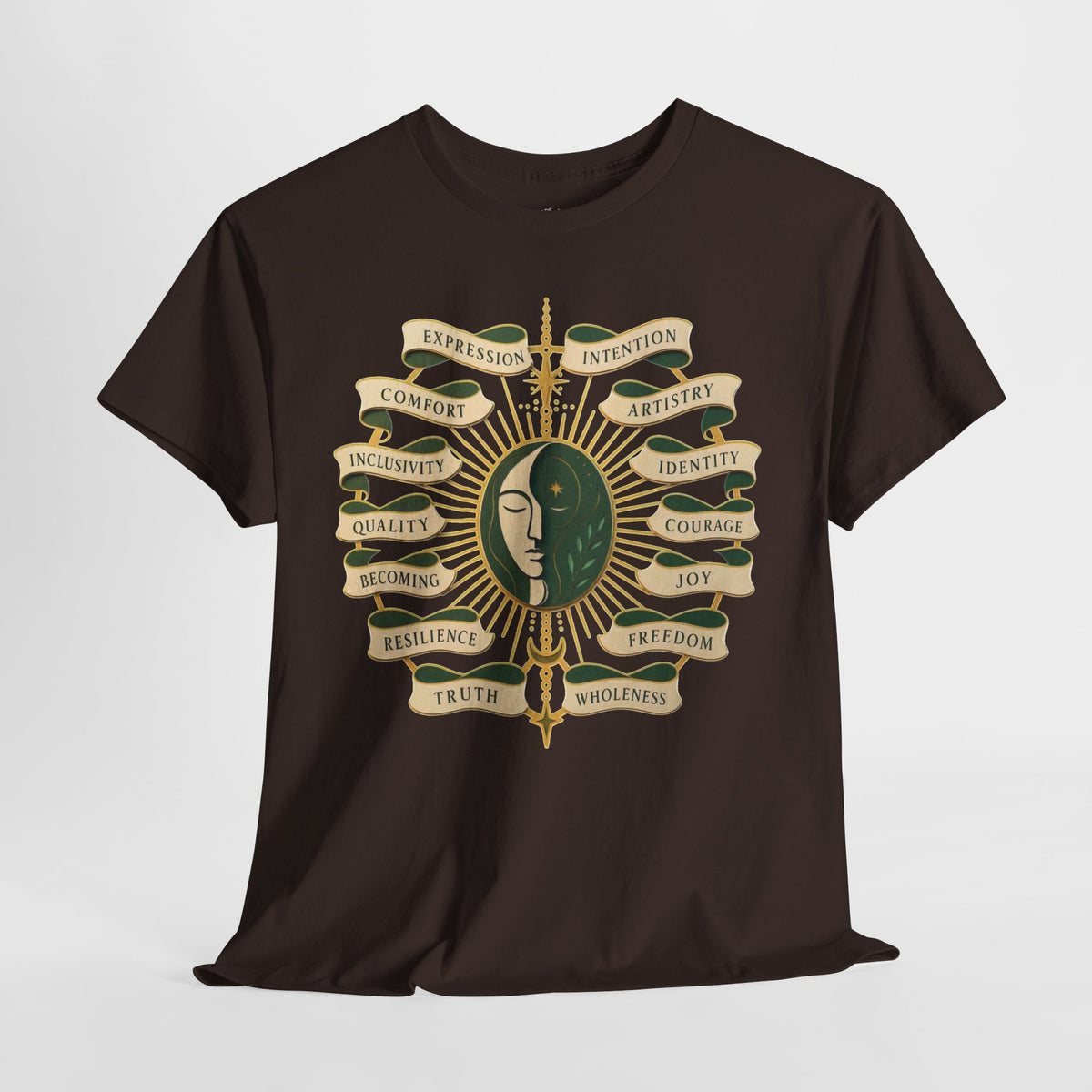 Personal Growth Graphic Tee: Celestial Face and Becoming Words