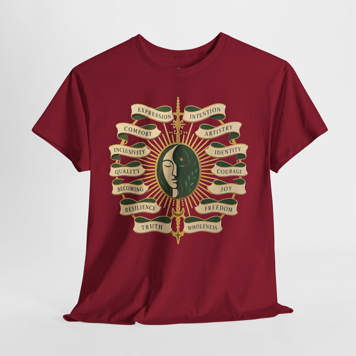 Personal Growth Graphic Tee: Celestial Face and Becoming Words