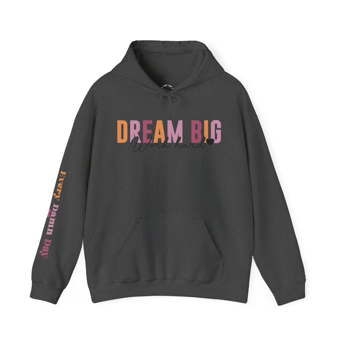A dark gray pullover hoodie with a colorful graphic on the chest reading 'DREAM BIG Work hard' and 'EVERY DAMN DAY' printed vertically on the sleeve, shown on a plain white background.