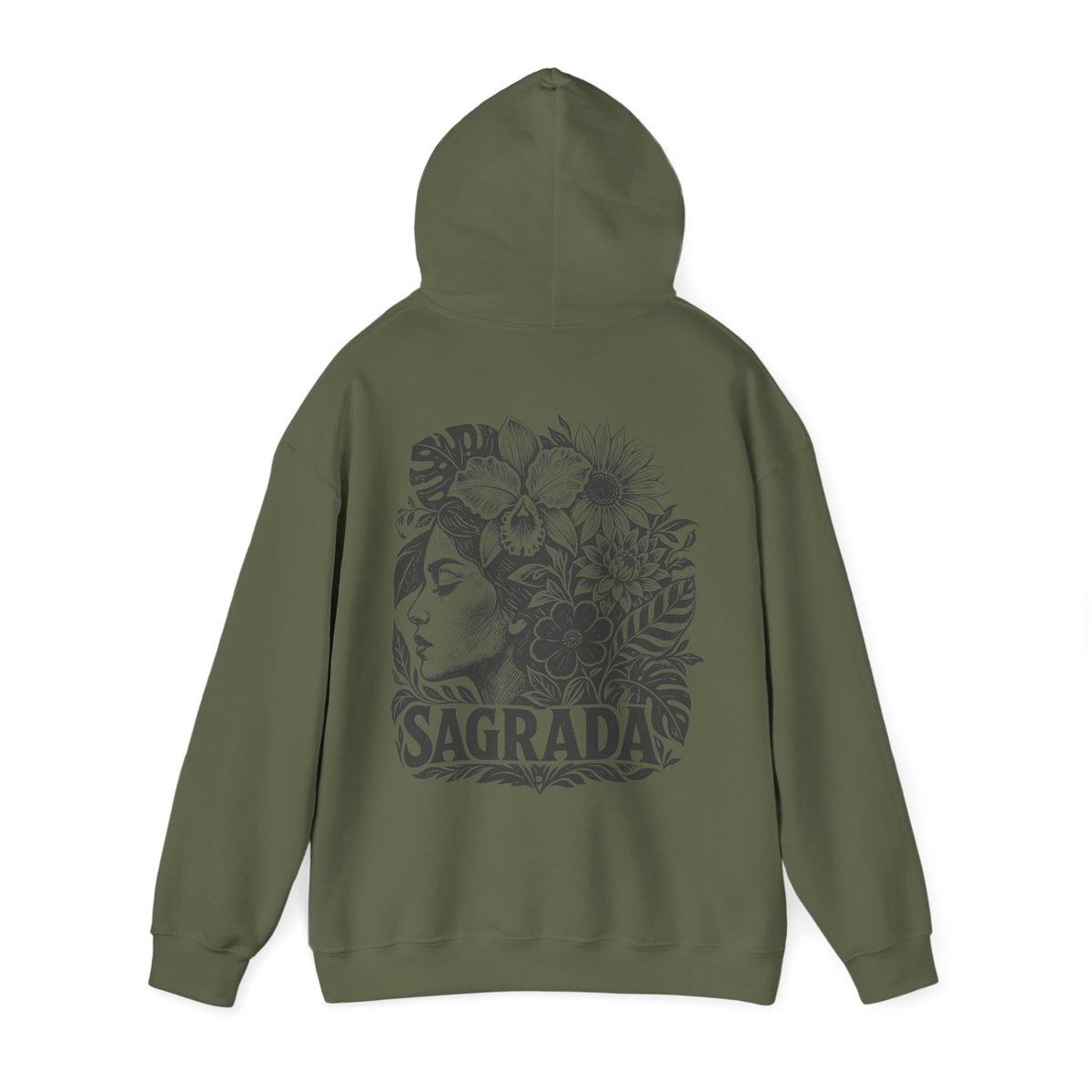 A military green pullover hoodie shown from the back, featuring a large black graphic print of a woman's profile surrounded by flowers and the word 'SAGRADA'.