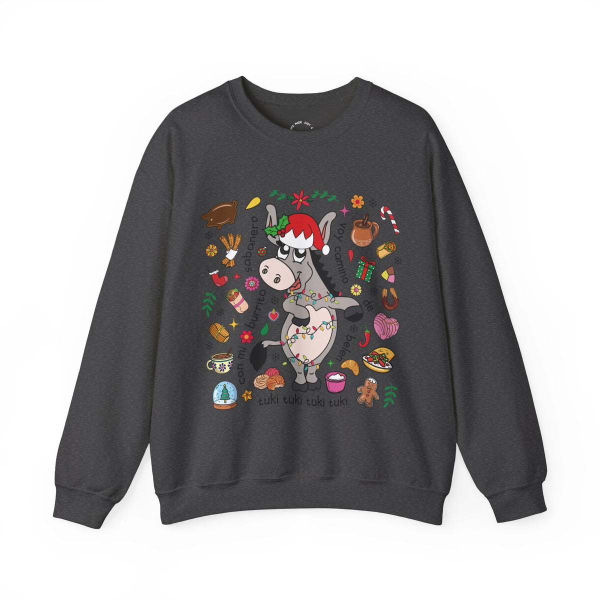A dark gray crewneck sweatshirt featuring a colorful graphic of a cartoon donkey wearing a Santa hat, surrounded by festive Christmas illustrations and text, displayed on a clean white background.