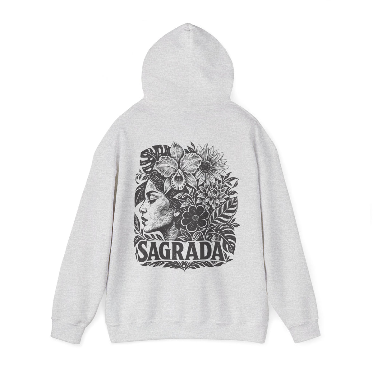 A light gray heather hoodie shown from the back, featuring a large black graphic print of a woman's profile surrounded by flowers and the word 'SAGRADA'.