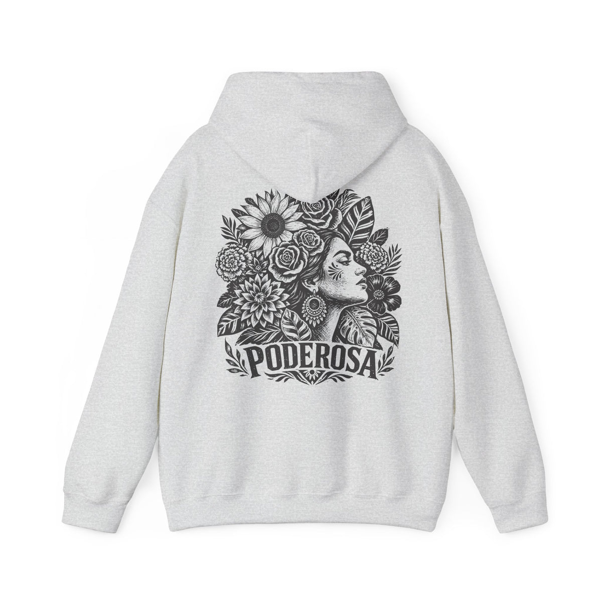 A light gray heather pullover hoodie shown from the back, featuring a large black graphic print of a woman's profile surrounded by flowers and the word 'PODEROSA' below it.