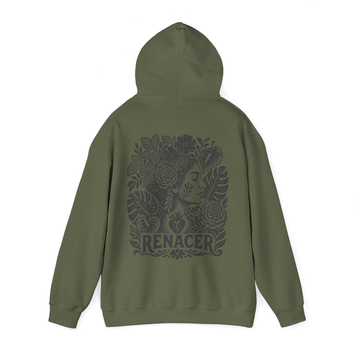 A military green pullover hoodie shown from the back, featuring a large black graphic print of a woman's face surrounded by tropical leaves and the word 'RENACER' at the bottom.