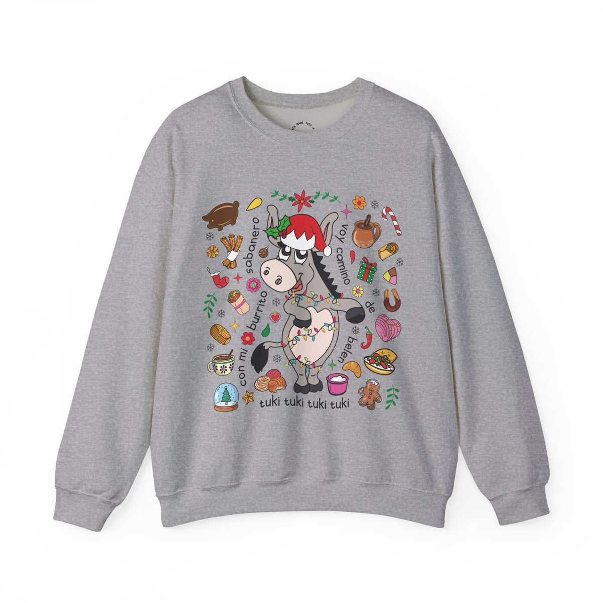 A grey crewneck sweatshirt featuring a colorful graphic of a cartoon donkey wearing a Santa hat, surrounded by festive Christmas illustrations and text, displayed on a clean white background.