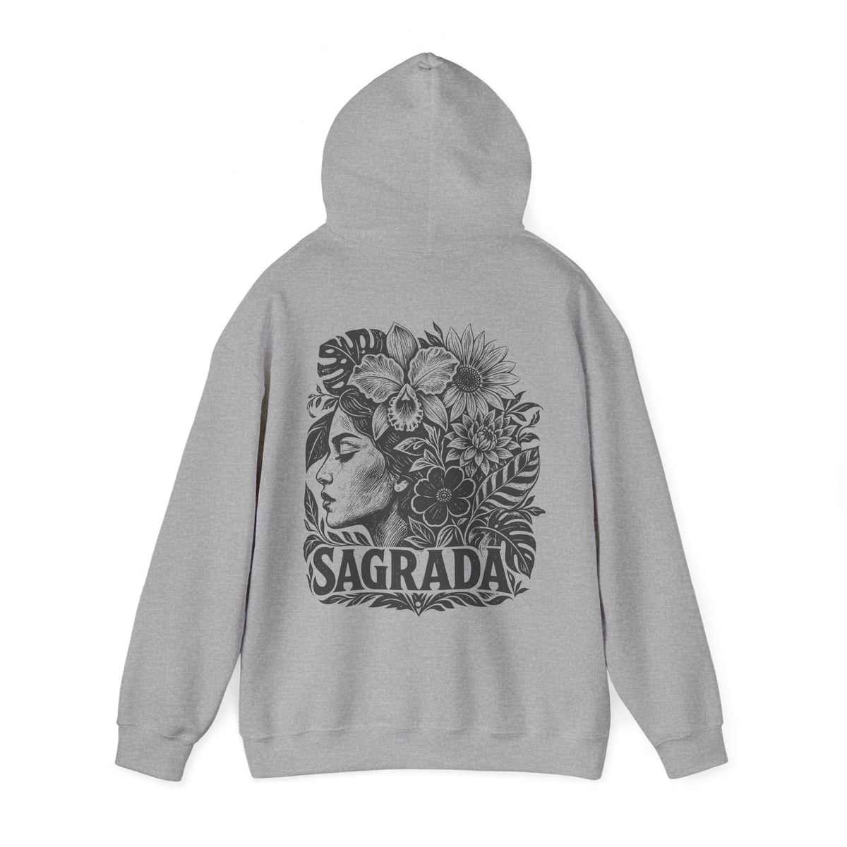 A light gray pullover hoodie shown from the back, featuring a large black graphic print of a woman's profile surrounded by flowers and the word 'SAGRADA'.