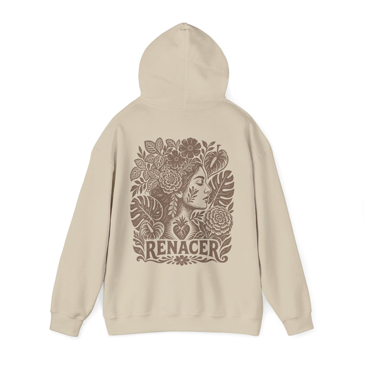 A beige hoodie shown from the back, featuring a large brown graphic print of a woman's profile surrounded by flowers and leaves, with the word 'RENACER' printed below.