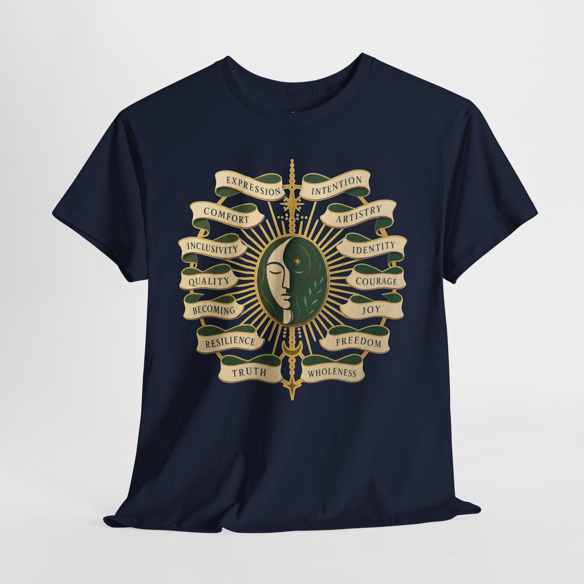 Personal Growth Graphic Tee: Celestial Face and Becoming Words